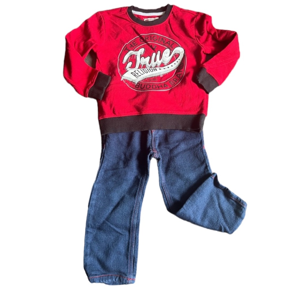 True Religion Set Red Sweater and Blue Jeans with Red outline Size 2T